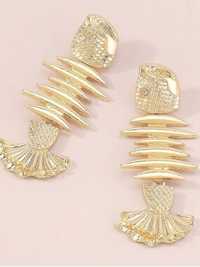 Gold Fishbone Statement Earrings Coastal Chic Skeleton Drop